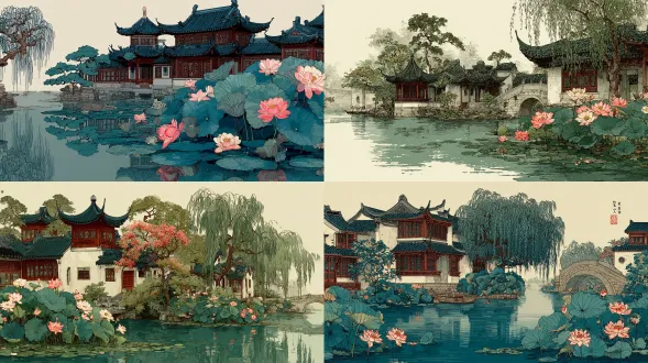 极简手绘苏州园林水榭插画。优雅中式线稿。传统水边木制亭榭，翘檐配格子窗。精致柳枝垂入画面，细线条叶片。前景池塘莲花盛开，粉白花瓣配细致花蕊。石桥拱影倒映水中。经典中国红漆与翠玉绿色调。柔和晨雾光线。纯白背景。诗意、宁静、典型中式，文人雅致