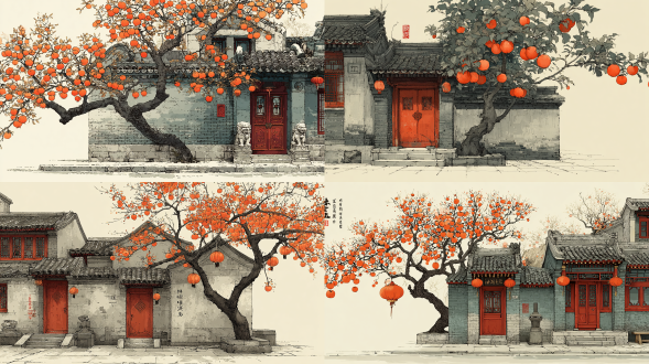 极简手绘北京四合院茶室。精致建筑线条。传统四合院结构，灰砖墙配黑瓦屋顶。华丽木门配铜环把手和红色剪纸。柿子树枝延伸过院墙，橙色果实如灯笼悬挂。入口石狮镇守。温暖灰色与深朱红配色。金色午后光线投射柔和阴影。纯净白背景。历史、庄重、地道北京风，帝王气派。