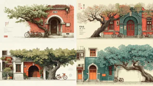 极简手绘上海石库门弄堂。精致线条绘制。经典石库门建筑配中西融合元素。拱形门道配华丽拱心石和几何图案。梧桐树枝形成天然遮阴华盖，叶片纹理细致。复古自行车靠墙。温暖砖红与深森林绿色调。树叶过滤都市光线。纯净白背景。怀旧、国际化、独特上海风，文化融合优雅