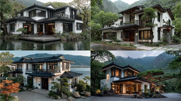 现代两层独栋别墅，采用中式建筑风格，白墙黑瓦屋顶，前有树木和山脉环绕，停车场旁设有湖泊，建筑一侧还设计了户外休息区，真实场景的纪实摄影。