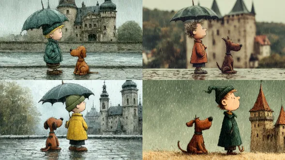 一幅异想天开的全彩卡通场景，描绘一个沉思的小孩在雨中撑伞与一只棕色狗狗同行，背景是班堡城堡，具有简单 expressive 线条、稀疏模糊照片背景，营造内省且温和氛围，色彩鲜明、扁平，融合查尔斯舒尔茨与迈克尔·勒宁格的可爱风格。