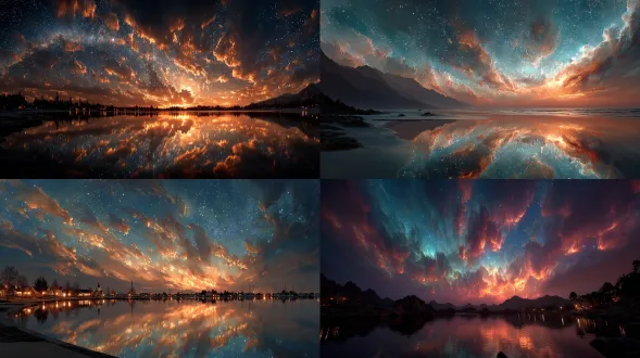蓝色梦幻星空，燃烧的云彩，湖水，燃烧的云彩倒映在湖中，超广角，8k，超高清高像素，真实图片，逼真，全景，hd，4k，高清