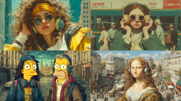mona lisa zoomed out in with modern day 80s clothing and listening to 80s walkman, same pose and face, city street background 1980