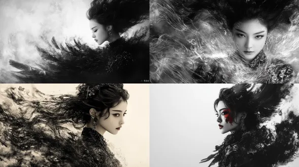 a nine-tailed fox spirit transforms into an ethereal woman, appearing from an unrolled ancient chinese ink painting scroll. she is dressed in an exquisite black and white feathered robe, adorned with intricate jewelry, with finely detailed craftsmanship. dynamic blur and hazy layers, multiple exposure effects, dynamic blur, defocused edges, heavy film grain, and strong dark corners. monochrome surrealism with high-contrast black and white tones, grainy texture, with a diffused glow surrounding the character. chaotic elegance: flowing disheveled hair and ribbons dissolve into ink dots, semi- limbs fragmented, tension: extreme wide-angle distortion, vanishing point at the back of the scroll, shallow depth of field, abstracted scroll merging. torn parchment edges blend into the background, a-like negative space, dialectical aesthetics: ultra-fine facial features contrasting with highly blurred bodies, seeing order in chaos. dadaist photographic montage: ink wash, high-end fashion editor photography, 8k masterpiece