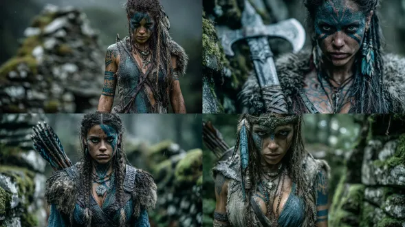 一张美丽的皮克特暗影武士女性的全身照，具有明显的古代苏格兰特征，狂野的黑发部分编成辫子，带有羽毛和珠子。她穿着粗糙的皮革和布制盔甲，装饰有蓝色、黑色和绿色的随机皮克特部落图案。她的皮肤上有醒目的蓝色伍阿德纹身。她手持传统武器，如凯尔特短剑、长矛或投掷斧。她正直接走向镜头，坚定自信地看向镜头。背景是神秘的多雾苏格兰森林或长满青苔的石制废墟，随机选择以唤起皮克特人的古代家园。超逼真照片8k超高清。