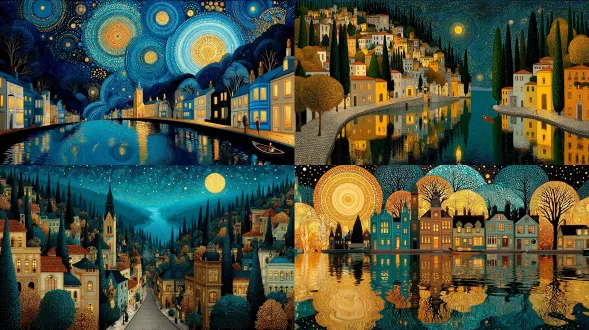 一幅描绘宁静村庄坐落于郁郁葱葱景致中心的画作，屋舍与树木沿街道排布，处于繁星点点的夜空下。此场景以类似古斯塔夫克里姆特作品风格的异想天开图案绘就，闪烁的圆点为其中各元素营造出深度与维度。当你缩放展现整座城市沐浴在柔和月光下时，这幅艺术作品传递出温暖与宁静之感。它捕捉到静谧氛围，让梦想鲜活呈现。 ·应用建议：可尝试强化克里姆特风格的华丽感，用更细腻色彩渐变，调整月光效果致梦幻，适配艺术装饰或冥想类视觉营造。