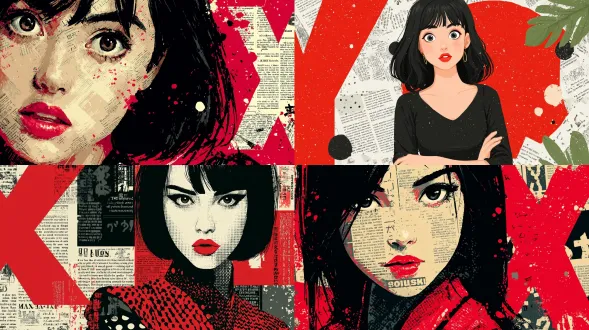 一种矢量风格、扁平设计，展现一位黑发的漫画年轻女子，有报纸文字、拼贴画元素，具有日本风格，采用红黑配色方案且有显著大字母x！受伊藤润二启发