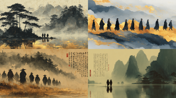中式水墨画风格的电影海报形式，采用优雅的黑白色调，带有流畅的笔触，描绘神秘的风景。在图像的下三分之一处，十二个古代人物以黑色剪影出现，从他们的脚下延伸出一条由汉字组成的金色河流，向上贯穿整个画面。这幅作品体现了古代美学，将艺术与文化融为一体。焦点堆叠，水彩效果，优雅