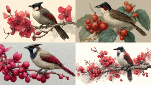 水彩画，描绘一只红耳鹎鸟，它有着黑色羽冠和白色喙，栖息在红色木棉花植物的枝条上，背景是白色
