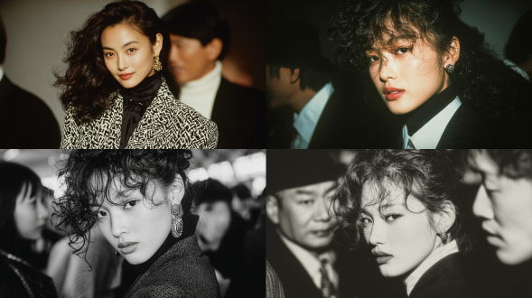 一位活跃于20世纪90年代初东京时装周的韩国时尚模特：她有着蓬松的波浪卷发，身着彰显那个时代美学的黑白时尚套装。场景以写实时尚摄影风格呈现，采用工作室灯光拍摄，带有富士普罗维亚（fujifilm provia）胶卷的质感。