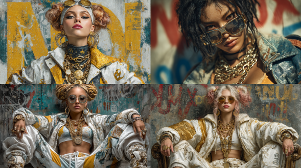 international movie magazine cover photography, beautiful women wearing modern streetwear, cyberpunk graffiti wall background, fashionable urban aesthetics, hip-hop elements, wearing gold chains, luxurious watches, high-end sports shoes, confident pose, cyberstyle, bright colors, high contrast shadows, movie composition, highly detailed, conceptual art, ultra high definition, cg， delicate skin texture, 8k