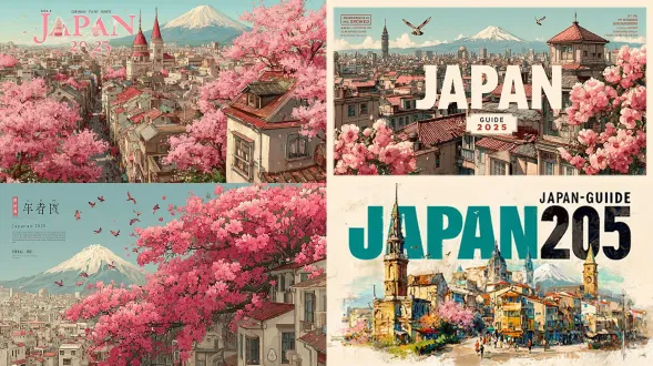 俯瞰视角，日本城市与自然交融，樱花与富士山点缀，标题"japan guide 2025"居中醒目，柔和水彩风格，精致线条，淡雅色调，鸟瞰镜头，高分辨率，扁平化设计，极简布局，留白艺术，现代与传统结合，宁静优雅。