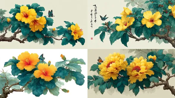 一根带有两只蝴蝶的黄色花枝，风格为中国传统绘画，背景为白色，线条简洁，有中国画笔触，色彩鲜艳，光影感强烈。花枝上的花朵有大花瓣和绿色叶子。周围没有其他植物或蝴蝶，聚焦细节和细腻的笔触，手绘插画。高分辨率，质量上乘。