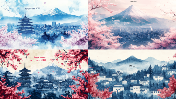 俯瞰视角，日本城市与自然交融，樱花与富士山点缀，标题"japan guide 2025"居中醒目，柔和水彩风格，精致线条，淡雅色调，鸟瞰镜头，高分辨率，扁平化设计，极简布局，留白艺术，现代与传统结合，宁静优雅。