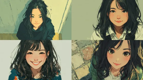 日本高中生，黑色长发，温和的微笑，动漫风格插画，柔和的柔和色，平静的氛围，肖像，简洁背景