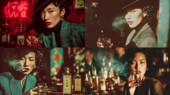 1940 年北京的烟熏酒吧，一个美丽的中国超模，带着雪茄和威士忌酒杯，吉尔·埃尔夫格林风格，《vogue》杂志封面，喜怒无常的灯光特写