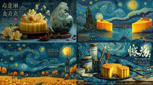 中秋月饼海报，以梵高“9/27”画为主题的高端设计风格，描绘了两块黄色的莲子糕点在满天繁星月亮的夜空前。背景采用万高风格的笔触进行装饰，营造出一种充满神秘和浪漫的氛围。具有电影灯光效果的高分辨率摄影照片。黄昏时分，秋风拂面，海报标题文字写着“中框日快乐”、“清晨之光”和一个大型圆形号召性用语图标文字“举手挥手社交媒体帖子图形