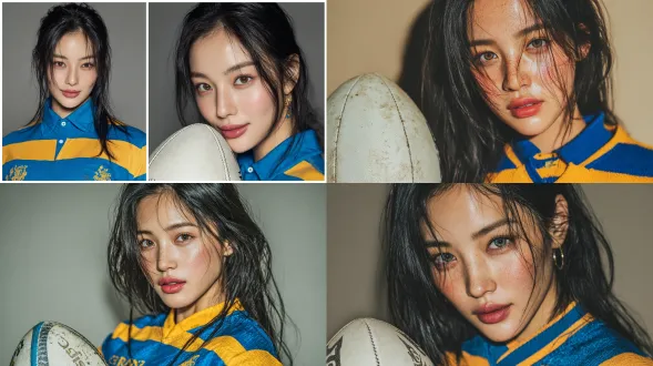好莱坞风格的照片，一位长发的美丽韩国女性，身穿蓝黄相间的橄榄球衫。她胳膊上拿着一个白色的橄榄球。她的头发直发、光滑、有光泽。灯光柔和，背景中性。模特的发型采用高层剪裁，突出了她头发的层次感。