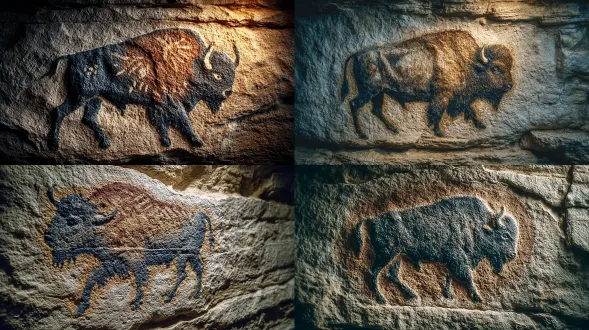cave wall painting of a powerful bison, earthy ochre pigments, thick charcoal outlines, painted on rough limestone, primitive paleolithic style, torchlight glow casting shadows
