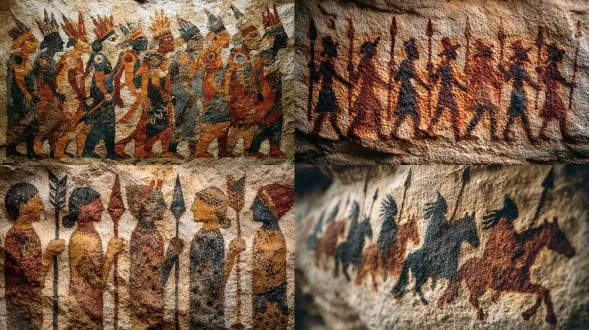 cave wall painting of hunters arranged like dance procession, spears pointing skyward, ochre pigments and charcoal dots