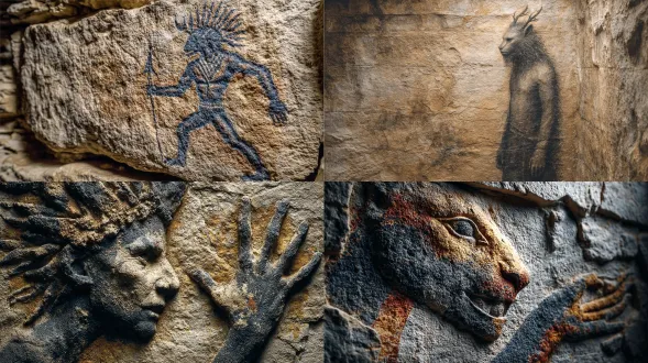 cave painting of lion-headed man with elongated limbs, charcoal and ochre pigments, painted on uneven limestone wall, eerie shamanic atmosphere