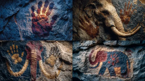 cave wall painting of mammoth with tusks glowing under firelight, hand stencils overlapping animal body, rough pigments smudged into limestone cracks, primal ritual feeling