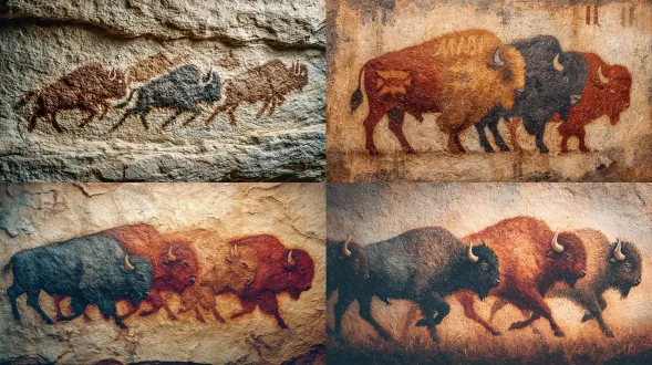 prehistoric wall art of bison herd in motion, expressive ochre strokes on grainy stone, hand stencils surrounding herd, primitive spiritual symbolism