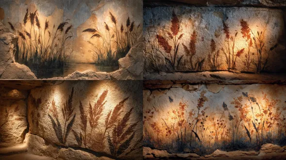 primitive cave mural of tall grasses swaying, painted in ochre strokes with black charcoal outlines, rough limestone wall, cracks forming natural stems, torchlight glow