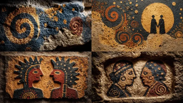 cave painting of a modern couple, outlined in black charcoal with ochre fills, surrounded by spirals and dot clusters, hand stencils forming background, rugged wall surface, primal atmosphere