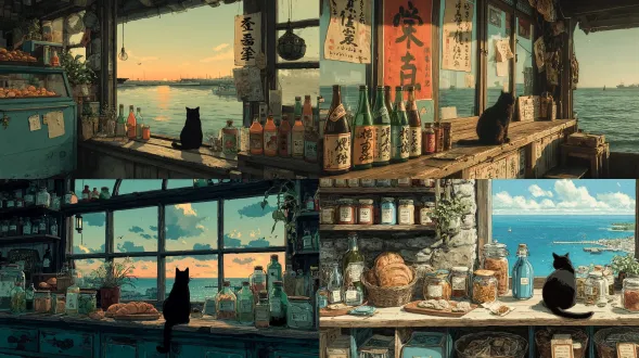 黄金时段的琪琪面包店，柔和温暖的光线从窗户里透出来，一只黑猫坐在窗台上，背景是波光粼粼的大海，怀旧又宁静，宫崎骏的风格，低饱和度