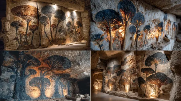 ancient cave mural of mushroom shapes, rounded caps outlined in black charcoal, ochre pigments filling stalks, rough limestone wall, flickering fireligh