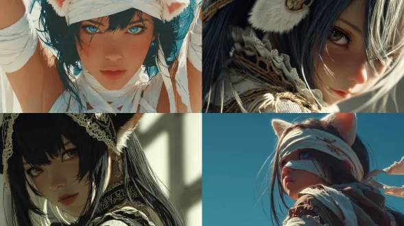 close-up, highly detailed beautiful anime-style neko cat girl with soft white cat ears, wearing a creative bandage-inspired fashion dress, long flowing dark hair, elegant composition, cinematic lighting, ultra-fine texture detail