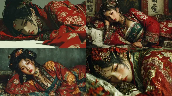 中国古风人物华丽动漫，一个长发唐朝美人，长发披散，头戴步摇，红色刺绣纱质，丝绸服装上有传统衣服暗纹。美人半侧躺侧头看着镜头，风情万种的背影，身上带着华丽金属饰品，前景帷幔。动感构图，戏剧化场面，弥散渐变效果，磨砂肌理，色彩饱满艳丽，明暗对比强烈，浅景深，东方浪漫