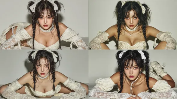 真人人像写真，一个韩国爱豆，美女，乌黑的长发，发型是双丸子头，每个丸子头上都装饰着一个白色的蝴蝶结。头发两侧编着两条长长的麻花辫，垂落在胸前，刘海是齐眉的空气刘海。浅棕色的眼睛，舞台妆。她穿着一件米白色的露肩连衣裙，裙子的材质轻盈，带有一些褶皱设计。手臂上戴着白色的长筒蕾丝手套，手套的手腕处有交叉的绑带设计，增加了精致感。美女在白色的地面上摆pose，姿态慵懒又俏皮。身体呈现出自然的曲线，长发散落在身体两侧，与白色的背景形成鲜明的对比。光线柔和。