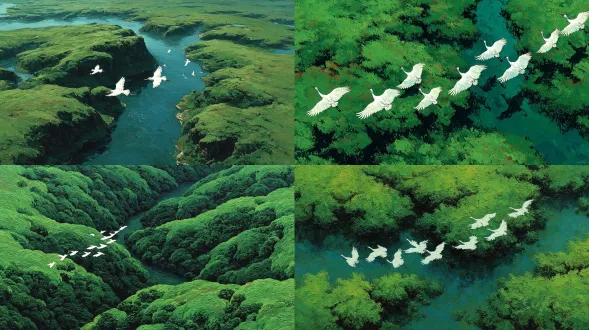 一幅极简风格的风景画。白色的鸟儿在绿色的草地上空飞翔，采用俯视图、鸟瞰视角。