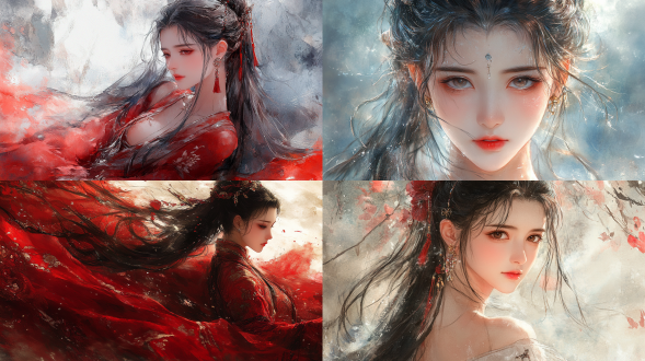古风人物华丽插画，二次元，动感构图，戏剧化场面，空间纵深感，水粉,水彩，唯美插画，色彩层次感，大师级作品，细节丰富，人物特写，浅景深，红色系，步摇，长发女子，人物半侧躺侧头看着前方，风情万种的背影，小说封面，刺绣+纱质+丝绸服装，华丽金属饰品+传统衣服暗纹，前景帷幔，背景与人物相搭配