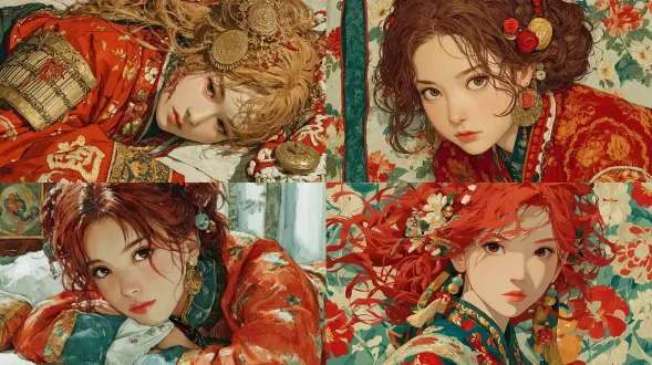 古风人物华丽插画，二次元，动感构图，戏剧化场面，空间纵深感，水粉,水彩，唯美插画，色彩层次感，大师级作品，细节丰富，人物特写，浅景深，红色系，步摇，长发女子，人物半侧躺侧头看着前方，风情万种的背影，小说封面，刺绣+纱质+丝绸服装，华丽金属饰品+传统衣服暗纹，前景帷幔，背景与人物相搭配