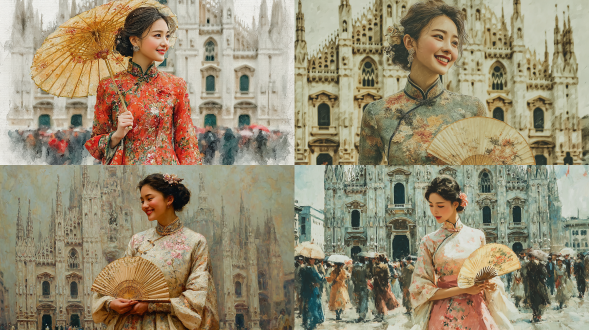 中国女孩微笑凝视画作，身着旗袍手持团扇，背景米兰大教堂与中式水墨融合，水彩晕染效果，柔和光影，浅色调，50mm定焦镜头，散景虚化，写实与艺术风格结合，恬静优雅，文化碰撞。