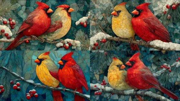 彩色玻璃马赛克画，冬季水彩插画。一对主红雀栖息在带雪和浆果的小树枝上。有一只雌鸟和一只雄鸟，雌鸟为黄色，雄鸟是红色。路边尚有绿色的松枝，其上仍有少许积雪。细节呈现，写实风格。在白雪的背景下，雄鸟鲜艳的羽毛充满生机，雌鸟展现出柔和的棕色羽毛。它们均有独特的喙，易于辨识。背景是雾气缭绕的森林。细致的场景以水彩风格描绘，绘画精细，高分辨率且高清晰度。