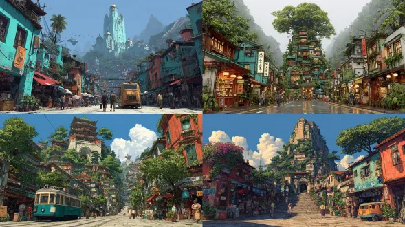 在建在红岩山上的城市中，有一座极其高大的建筑，其周围环绕着许多色彩斑斓的建筑与房屋。建筑风格兼具中国古代建筑、赛博朋克元素与未来感。可见许多人在各类商店前走动，街道上布满绿色植物。