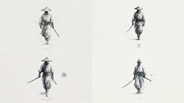 一个古代战士持剑行走的简约墨水画