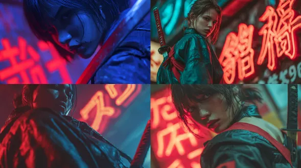 "东京市中心夜景，霓虹灯闪烁，女孩手持武士刀站立，现代与传统碰撞，黑色皮衣搭配红色腰带，冷峻眼神，刀锋反光，动态姿势，低角度拍摄，浅景深，电影感光影，蓝紫主色调，霓虹招牌背景，蒸汽波元素，未来武士风格，紧张氛围，快节奏都市，锋利线条，高对比度。"