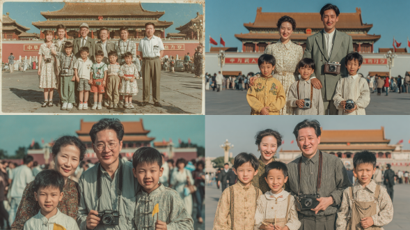 20世纪90年代富裕家庭在天安门广场合影，孩子们手持小旗，父母带着老式相机，背景是庄严的国徽，天空晴朗湛蓝，氛围爱国又休闲