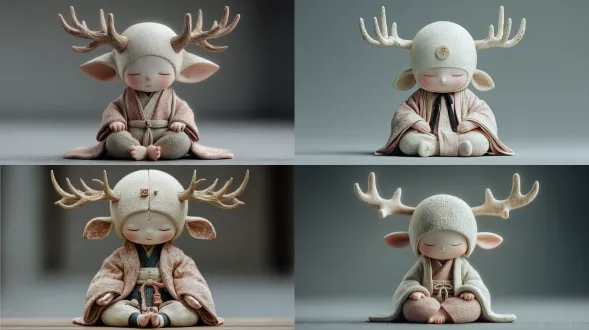 一个可爱的小白精灵，头上长着鹿角，闭着眼睛盘腿坐在图像中央，穿着淡粉色丝绸制成的汉服，配色简约，背景干净，这是一个具有立体感的泥塑， 面部特征精致，肤色白皙，是一幅全身肖像，采用高清摄影技术。