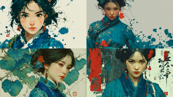 水墨晕染出的古风女子,青丝挽髻，蓝带翩跹，蓝衣似流水 额间花钿、耳畔红饰，衬得眉眼温婉，唇色娇艳，空灵又柔美，满是东方韵味