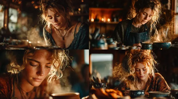 a photorealistic half-body portrait of a female ceramicist, gently blowing clay dust off a freshly glazed mug in a sunlit studio. lit by warm golden-hour window light with soft rim highlights, mood calm and focused. captured with an 85mm f/1.8 lens, shallow depth of field and natural bokeh