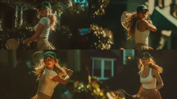 一张极具电影感的动感照片，画面中是一位正在打网球的女性。她处于运动状态，从侧面捕捉到她挥动网球拍的瞬间。她穿着一件简约的白色上衣、米白色的网球小细褶短裙，还戴着一顶绿色棒球帽。她有着一头棕色的长发，梳成松散的波浪卷，在挥拍时仿佛也随着动作飘动起来。背景是模糊的暗影与透过树叶洒下的阳光交织在一起。阳光照亮了主体人物及其头发，在深色背景的衬托下，凸显出她的身姿。动态感低。