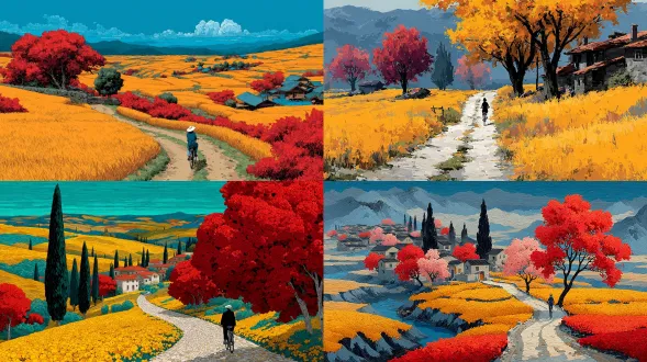 这是一幅秋天的场景，治愈系插画风格，细腻的笔触。高细节，大山中的美丽的乡村，错落有致的乡村房屋，远处的土路上有一个女孩骑着自行车的背影。整齐的金黄色的银杏树，还有红色的枫树作为点缀，一幅美丽祥和的乡村气象，巧妙的构图，高亮画风，色彩丰富