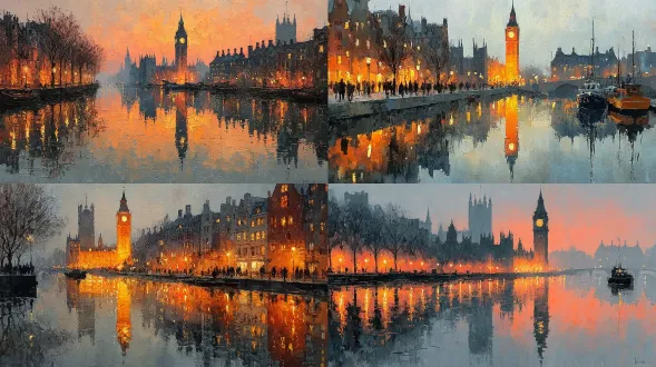 露西格罗斯mith风格的水彩画，泰晤士河畔，大本钟夕阳下倒映，细腻笔触，柔和水彩晕染，4k高清细节，温暖金色调，朦胧氛围，建筑轮廓清晰，水面波光粼粼，薄雾轻绕，远景层次丰富，写意与写实结合，宁静怀旧情感