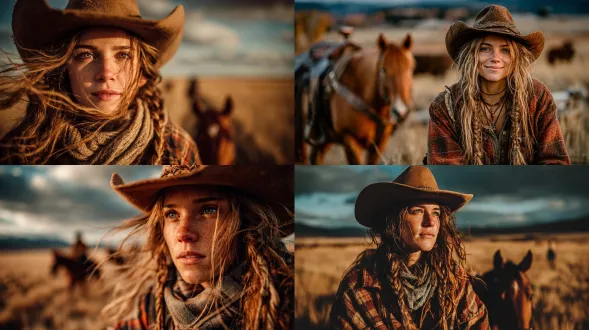 20岁德州少女骑马，西部荒野，棕色长发，牛仔帽，格子衬衫，牛仔裤，自信微笑，黄昏天空，金色阳光，广角镜头，动态模糊，尘土飞扬，马蹄扬起，暖色调，高对比度，自然光，侧光，自由奔放，野性美，粗犷风格，牛仔文化，马匹强壮，背景开阔，地平线，风吹草动，青春活力。